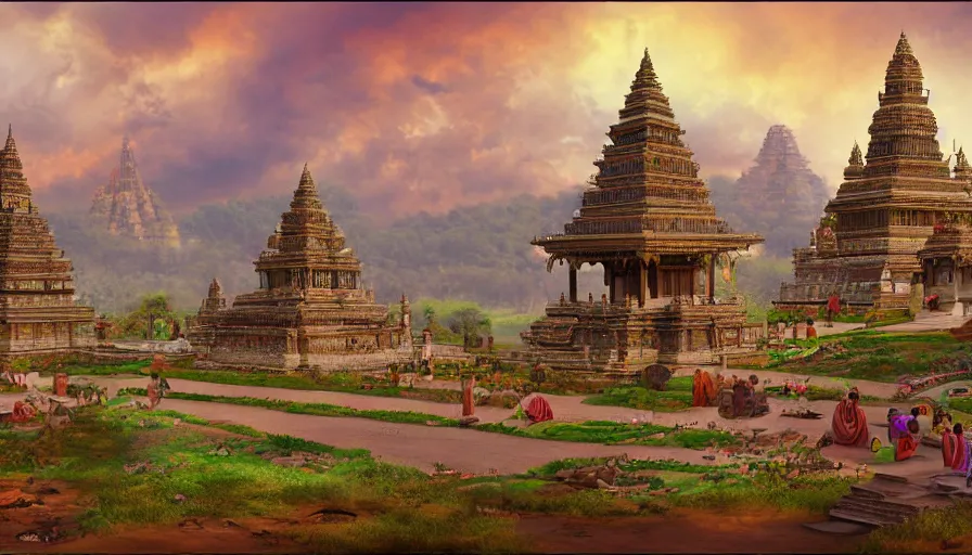 Prompt: matte painting of a beautiful mon - dvaravati village and buddhist temple, inspired by indian arts - amaravati, gupta, after gupta, and pala, digital art, trending on artstation