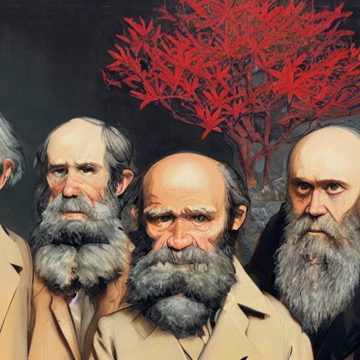 Image similar to portrait of charles darwin with human species from the future, hanafuda oil on canvas by ivan shishkin, james jean and yoji shinkawa