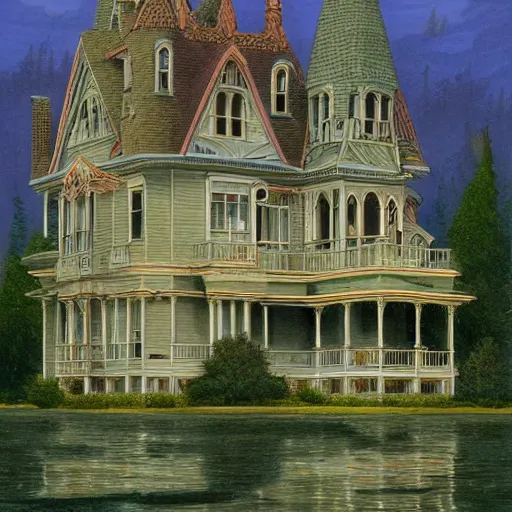 Prompt: Victorian mansion in rural Maine, a lake behind it, Michael Whelan, artstation, Darrell K Sweet, concept art