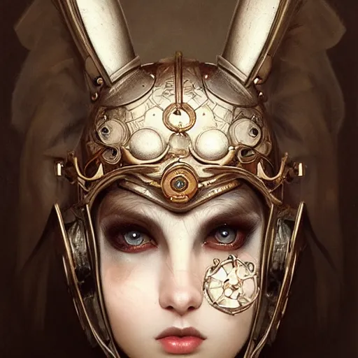Image similar to tom bagshaw, curiosities carnival, soft paint of a single beautiful kawai cyber rabbit - ear helm female in a full steampunk armor, symmetry accurate features, focus, very intricate ultrafine details, award winning masterpiece
