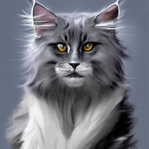 Image similar to a big old menacing dark grey maine coon cat with white belly, white paws and white face markings with long fur and fluffy tail, sitting, intricate, elegant, highly detailed, digital painting, artstation, concept art, matte, sharp focus, illustration, art by Artgerm and Greg Rutkowski and Alphonse Mucha