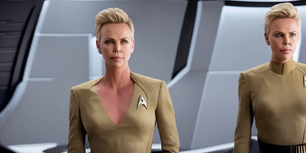 Prompt: Charlize Theron, in full starfleet uniform, is the captain of the starship Enterprise in the new Star Trek movie