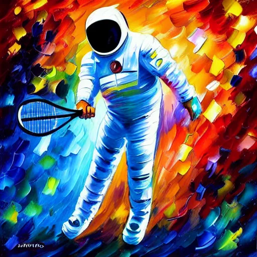 Prompt: painting of an astronaut playing tennis in a scenic cosmic environment by leonid afremov, astronaut suit, astronaut