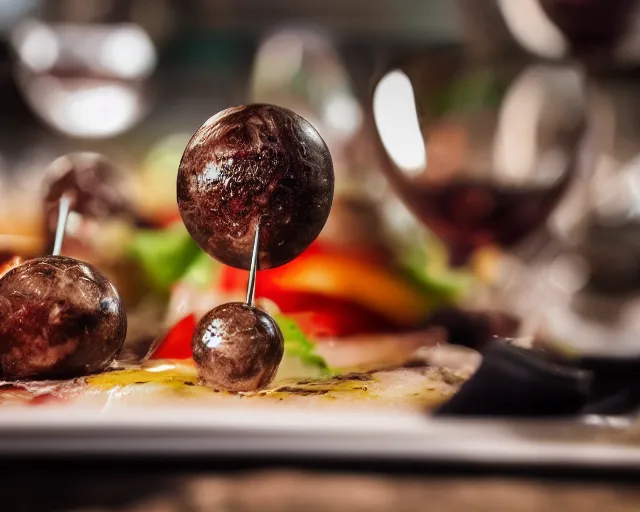 Prompt: 8 5 mm food photography of raw eyeballs on a skewer at a restaurant with dof and bokeh and wine glasses out of focus in the background by zdzislaw beksinsi and luis royo. highly detailed 8 k. intricate. lifelike. soft diffused light. nikon d 8 5 0.