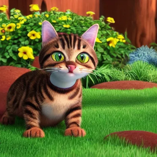 Image similar to pixar movie, brown tabby cat, 3 d, cute pixar _ tabby _ cat in a forest