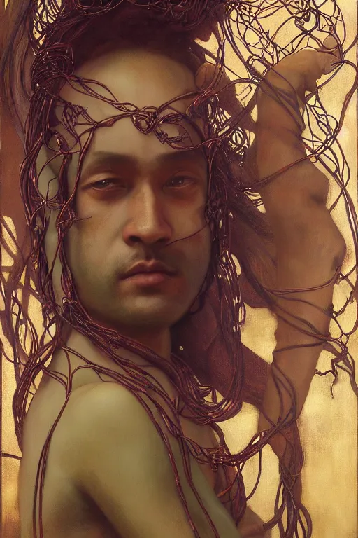 Image similar to hyperrealist portrait of indian elijah zu bailey, it is decorated with long wires that fall like vines and wears small computers over their body. by jeremy mann and alphonse mucha, fantasy art, photo realistic, dynamic lighting, artstation, poster, volumetric lighting, very detailed faces, 4 k, award winning