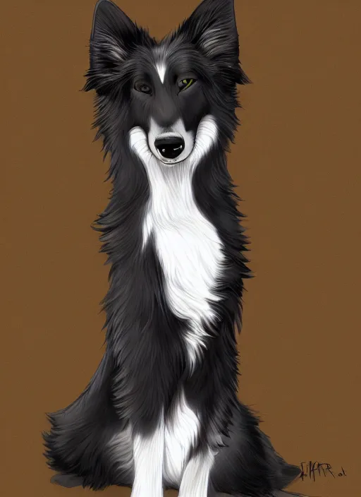 Prompt: wide angle beautiful full body portrait of a strong male anthropomorphic anthro border collie fursona, furry art, furaffinity, beautiful, glamor pose, detailed, aesthetic, trending on artstation