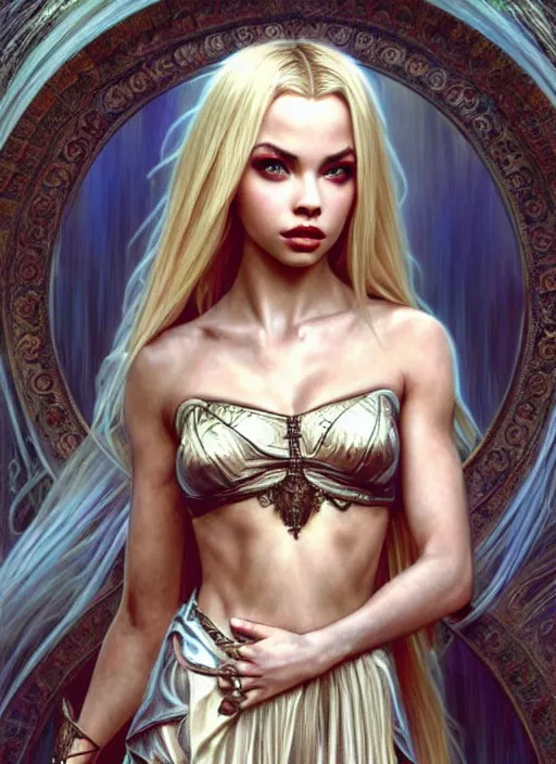 Image similar to ultra realistic illustration, a stunningly beautiful greek gothic goddess of chaos played by jordyn jones and dove cameron and margot robbie and taylor swift and megan fox and adriana lima, intricate, elegant, highly detailed, digital painting, artstation, concept art, smooth, sharp focus, illustration, art by artgerm and greg rutkowski and alphonse mucha