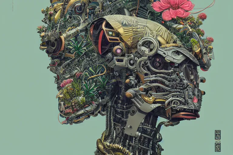 Image similar to gigantic mecha head with lot of details, a lot of exotic vegetation, trees, flowers by moebius, dull colors, junji ito, tristan eaton, victo ngai, artgerm, rhads, ross draws, hyperrealism, intricate detailed, risograph