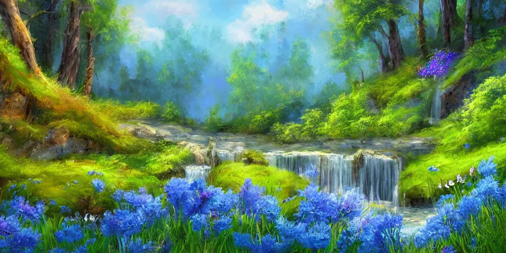 Prompt: a fantasy meadow landscape with waterfall, lake, river, and patches of blue flower, digital art, painterly, oil painting, matte