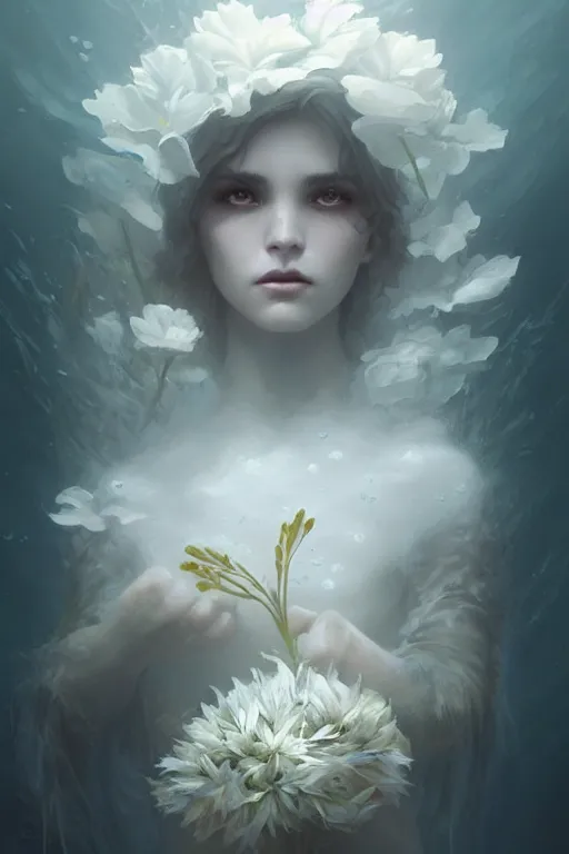 Prompt: lily flowers!! windy murky underwater garden, wearing a white cloak! with a beautiful symmetrical face!!! cinematic lightning, murky dusty deep, smoky eyes, isolated, studio lighting by artgerm yuri shwedoff and tom bagshaw