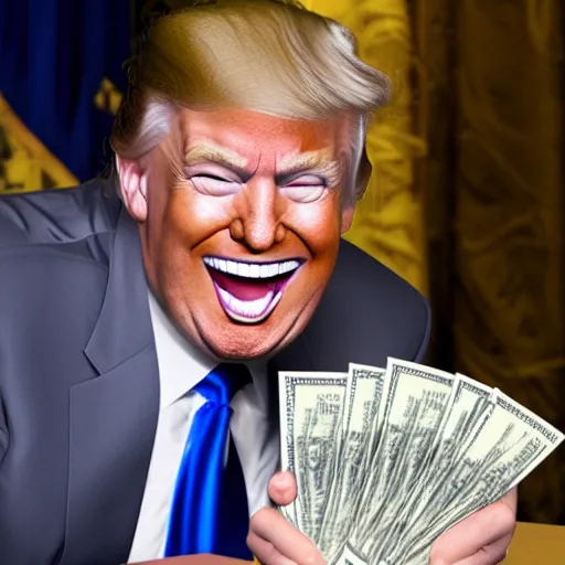 Prompt: Donald Trump laughing while sitting next to a pile of money on a table