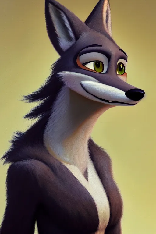 Image similar to oil painting of anthromorphic female wolf, in style of zootopia, female fursona, furry, furaffinity, 4 k, deviantart, furry art, fursona art, wearing black business suit, business suit, wolf fursona, female, very expressive detailed feminine face,