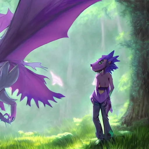 Image similar to concept art painting of an anthropomorphic purple anime furry dragon, in the deep forest, realistic, detailed, cel shaded, in the style of makoto shinkai and greg rutkowski and james gurney