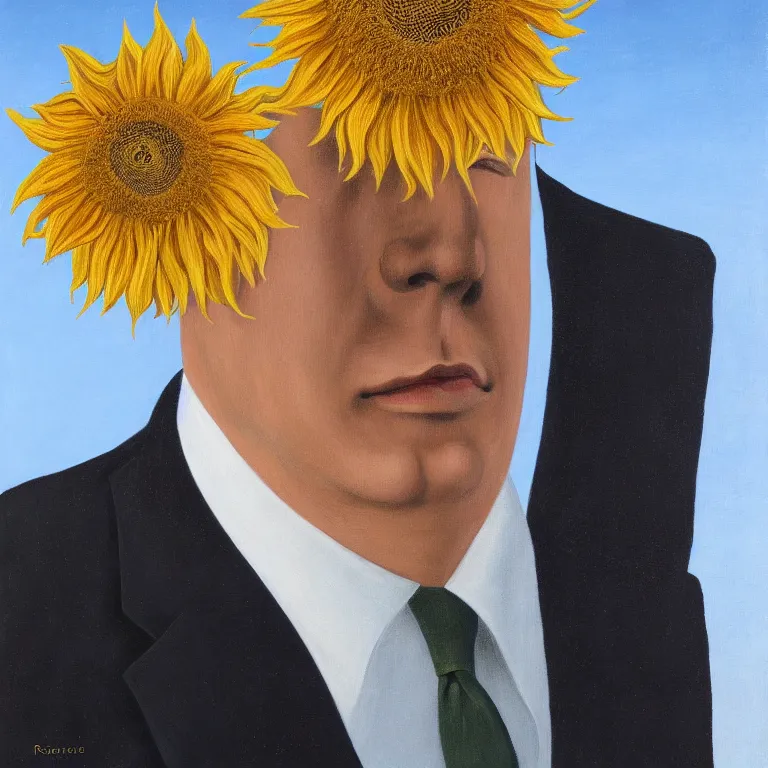 Prompt: portrait of a faceless sunflower - head man in a suit, clouds in the background, by rene magritte, detailed painting, distance, centered, hd, hq, high resolution, high detail, 4 k, 8 k
