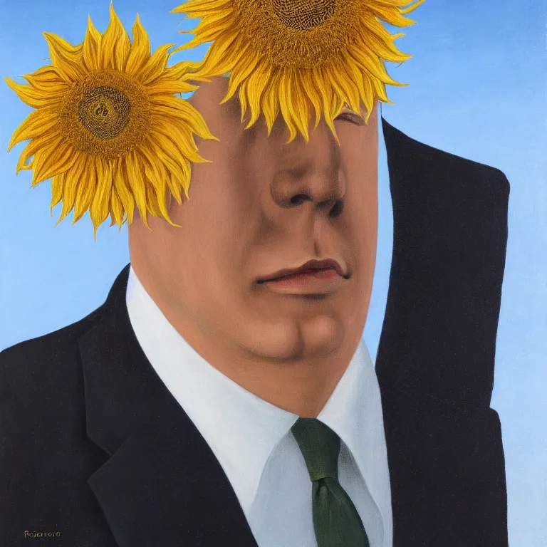 Image similar to portrait of a faceless sunflower - head man in a suit, clouds in the background, by rene magritte, detailed painting, distance, centered, hd, hq, high resolution, high detail, 4 k, 8 k