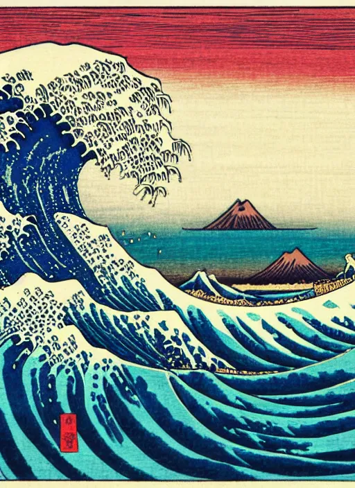 Image similar to a painting of waves in the ocean with mountains in the background, a woodcut by utagawa hiroshige ii, pixiv, ukiyo - e, ukiyo - e, vaporwave, woodcut