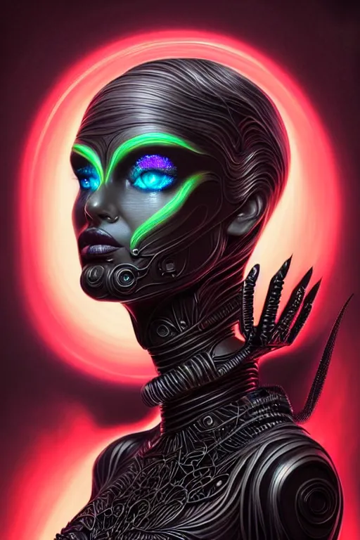Image similar to Supermodel woman turning into an Android portrait, dark surrealism , scifi, intricate design, elegant, sharp black eyebrows, ornate long platinum neon blonde hair and small black strand streaks, highly detailed cybernetic body, glowing eyes, digital painting, artstation, concept art, smooth, sharp focus, illustration, art by Artgerm and moebius and Peter Mohrbacher