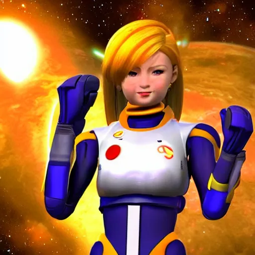 Image similar to samus aran working at a space restaurant