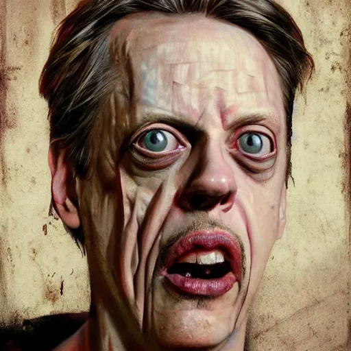 Image similar to hyperrealistic mixed media high resolution painting of (Steve Buscemi) disguised as !!Hellraiser!!, stunning 3d render inspired art by Jamie Salmon and István Sándorfi and Greg Rutkowski, perfect facial symmetry, dim volumetric lighting, 8k octane beautifully detailed render, full body shot, post-processing, extremely hyper-detailed, intricate, epic composition, highly detailed attributes, highly detailed atmosphere, cinematic lighting, masterpiece, trending on artstation, very very detailed, masterpiece, stunning, flawless completion, lifelike texture, perfection,