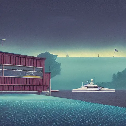 Image similar to yachting club by simon stalenhag