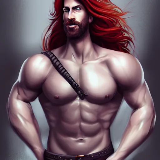 Prompt: portrait of a handsome male ship captain with long red hair!!!!!!, 30 years old, bashful, upper body, ethereal, muscular, friendly, playful, D&D, hairworks, Unreal 4, fantasy, elegant, highly detailed, digital painting, hairworks, deviantart, artstation, concept art, sharp focus, dramatic lighting, illustration, art by Artgerm and Greg Rutkowski and Alphonse Mucha