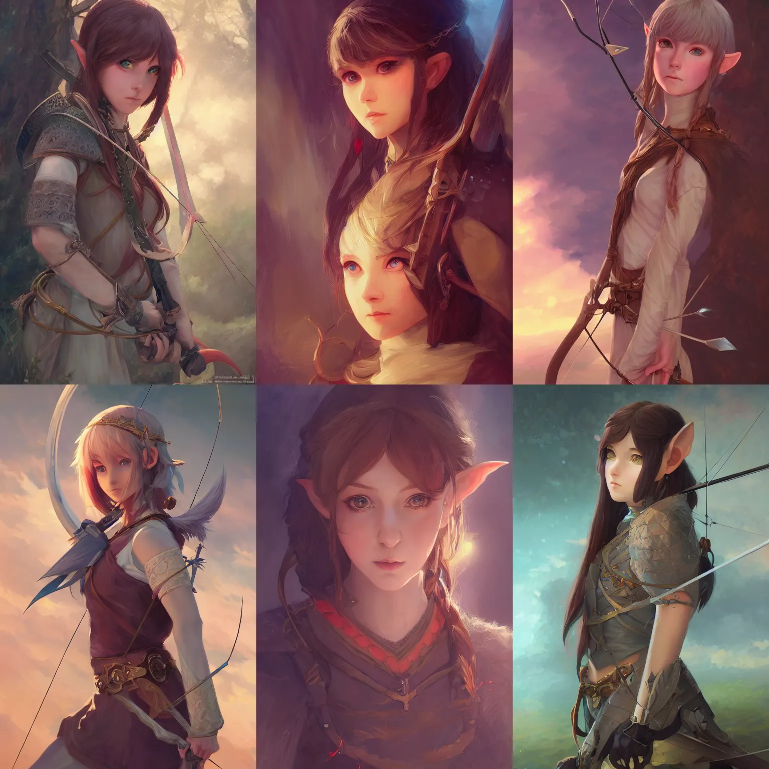 Prompt: a portrait of a cute young female elven archer, fantasy setting, vivid colors, soft lighting, atmospheric, cinematic, moody, in the style of Ilya Kuvshinov and Range Murata, Krenz Cushart, rule of thirds, oil on canvas, 8k