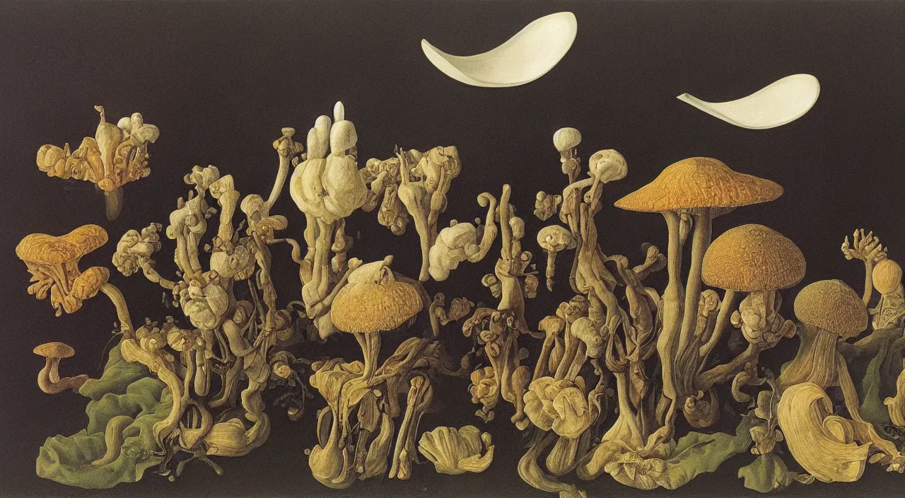 Image similar to one single! fungus in empty! white void, a high contrast!! ultradetailed photorealistic painting by jan van eyck, audubon, rene magritte, agnes pelton, max ernst, walton ford, hard lighting, masterpiece