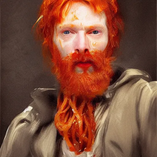 Image similar to highly detailed portrait of a ginger mans face who has spaghetti bolognese all over his head artstation, 8 k, sfx, john singer sargent.