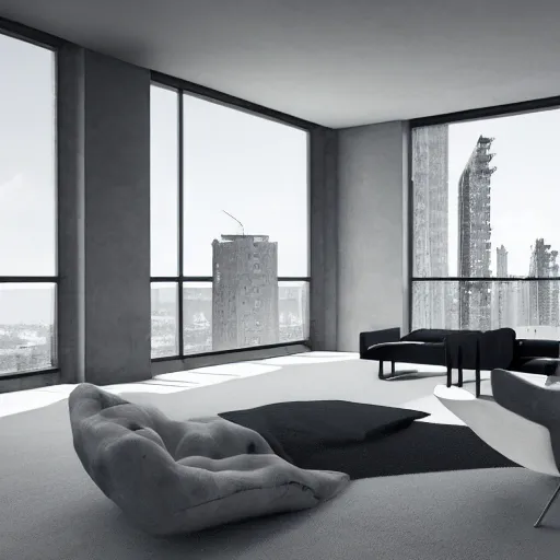 Image similar to brutalist open living room, big windows, showing city landscape on background, minimalist architecture, minimalist furniture, octane render, high quality, 8 k, post production