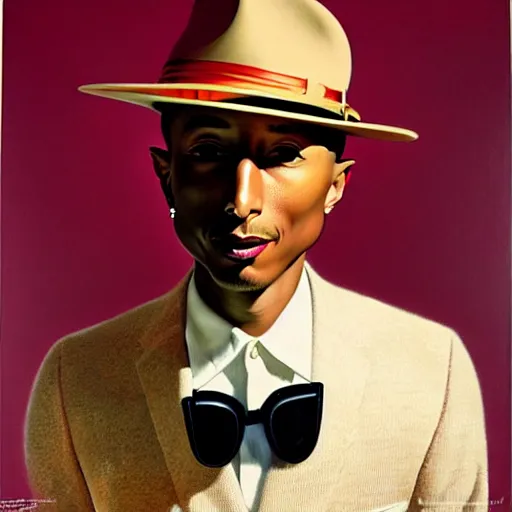 Image similar to pharrell williams by gil elvgren and norman rockwell and rob gonsalves and hajime sorayama, hyperrealistic, high detail, ultra detailed, highly detailed face, ruffled fabric