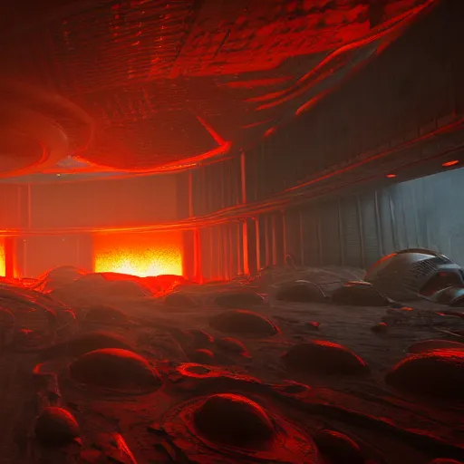 Prompt: interior of an alien - like factory in muspelheim with lots of magma, scandinavian / norse influenced, cinematic, ray traced, octane render, cinematic lighting, ultrarealistic, featured on artstation, 8 k uhd artwork