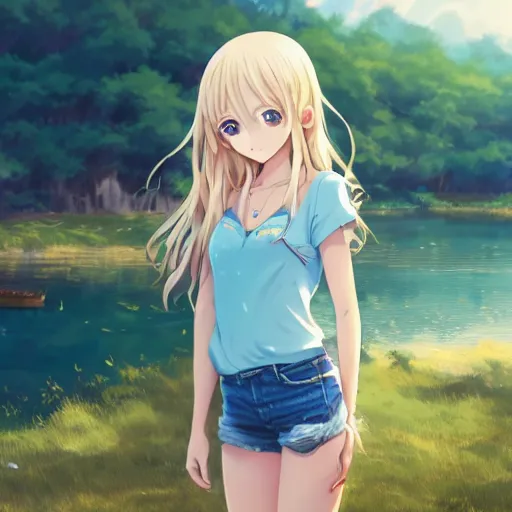 Image similar to a very beautiful anime girl, full body, long wavy blond hair, sky blue eyes, full round face, short smile, cute top, short jeans, summer lake setting, cinematic lightning, medium shot, mid-shot, highly detailed, trending on Artstation, Unreal Engine 4k, cinematic wallpaper by Stanley Artgerm Lau, WLOP, Rossdraws, James Jean, Andrei Riabovitchev, Marc Simonetti, and Sakimichan