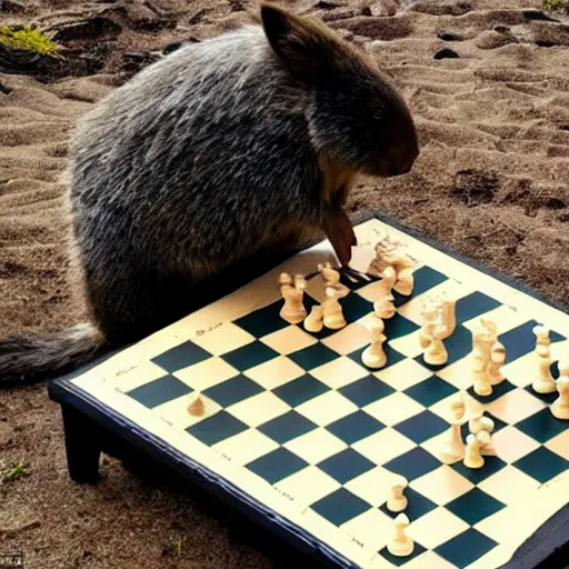 Image similar to wombat playing chess in pringle bay in style of goya