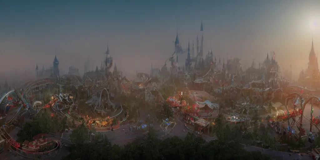 Image similar to cinematic, photograph of Disney Land under a foggy sun behind megastructures inspired impacts of Climate change by Alexandros Pyromallis, depth of field, misty, hyper realistic, digital painting, 8k, 35mm film grain, octane render