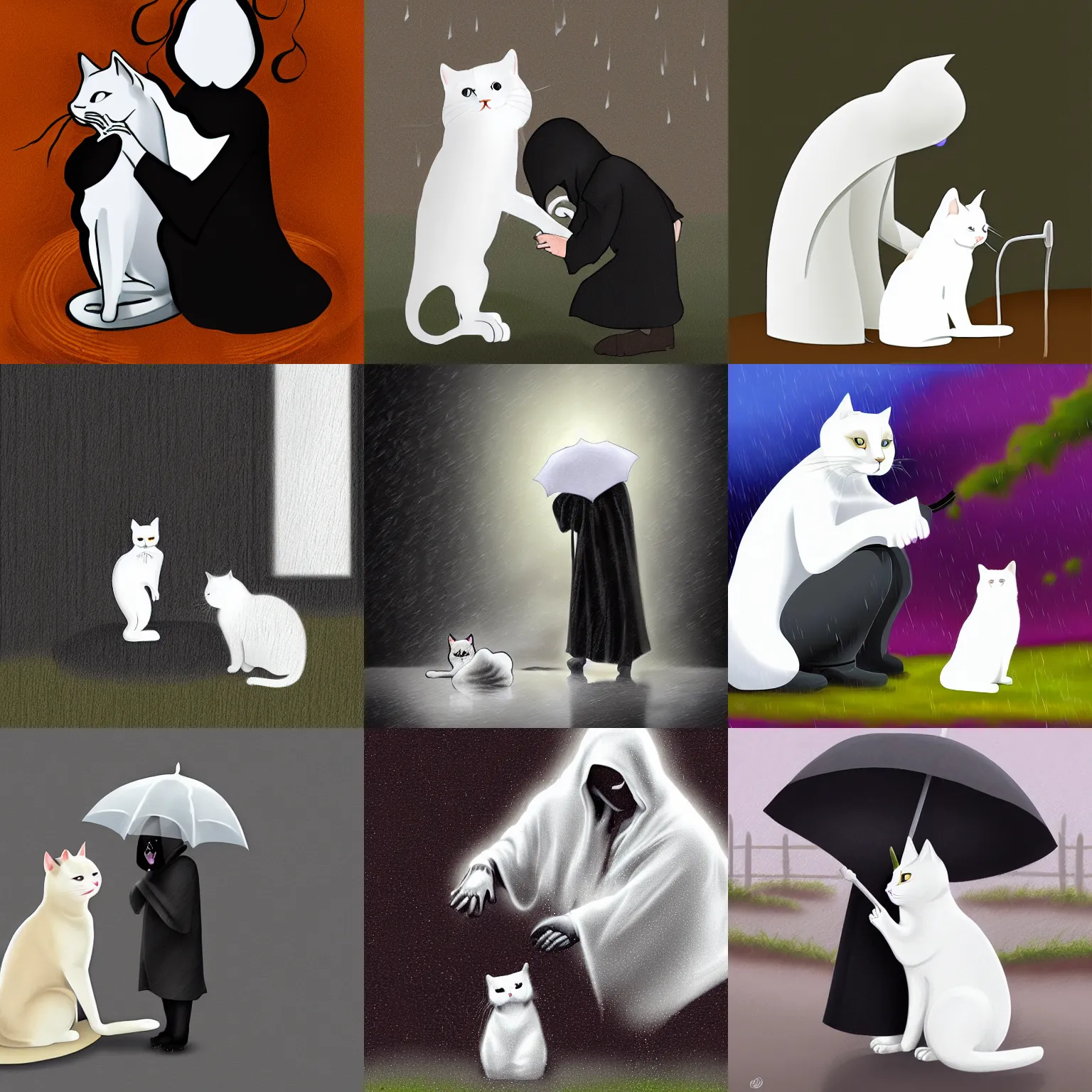 Prompt: the grim reaper petting a white cat under the rain, digital art