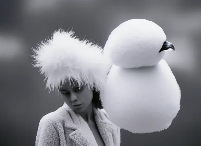 Prompt: realistic photo portrait of the woman volleyball team white cotton fluffy bird white carnival costumes shorts, fluffy pigeon head face portrait, wood in autumn, grey dusk sky with black clouds 1 9 9 0, life magazine reportage photo,