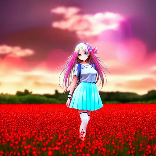 Prompt: anime, advanced digital art, style of final + fantasy + 1 5, girl with baby pink baby blue long hair wearing a mini skirt standing in a poppy field at night, gaussian blur, city reflection, 8 8 mm lens, lens flare, depth of field, medium shot, rim lights wlop