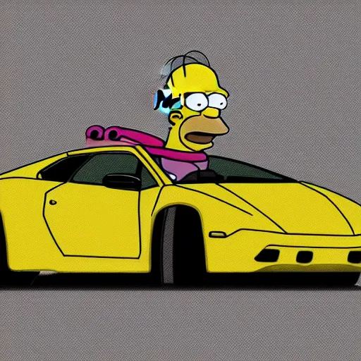 Prompt: Homer Simpson driving a Lamborghini, digital art.