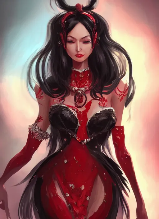 Image similar to a highly detailed illustration of beautiful long hime cut black hair woman wearing a red battle dress, red eyes, dramatic smile pose, intricate, elegant, highly detailed, centered, digital painting, artstation, concept art, smooth, sharp focus, league of legends concept art, WLOP
