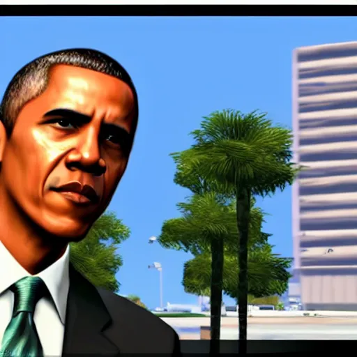 Image similar to screenshot of barack obama in gta vice city, good graphic, highly detailed, rtx engine, nvidia geforce