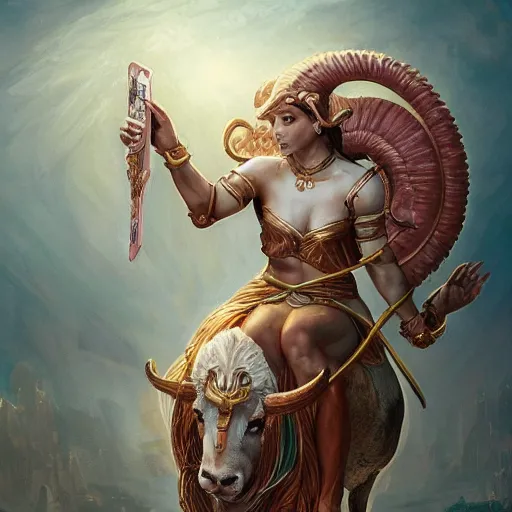 Prompt: a goddess riding a ram while checking her cell phone. fantasy art for the zodiac sign aries by senior concept artist josaphine wall, acrylic on canvas, intricately detailed, high resolution trending on artstation