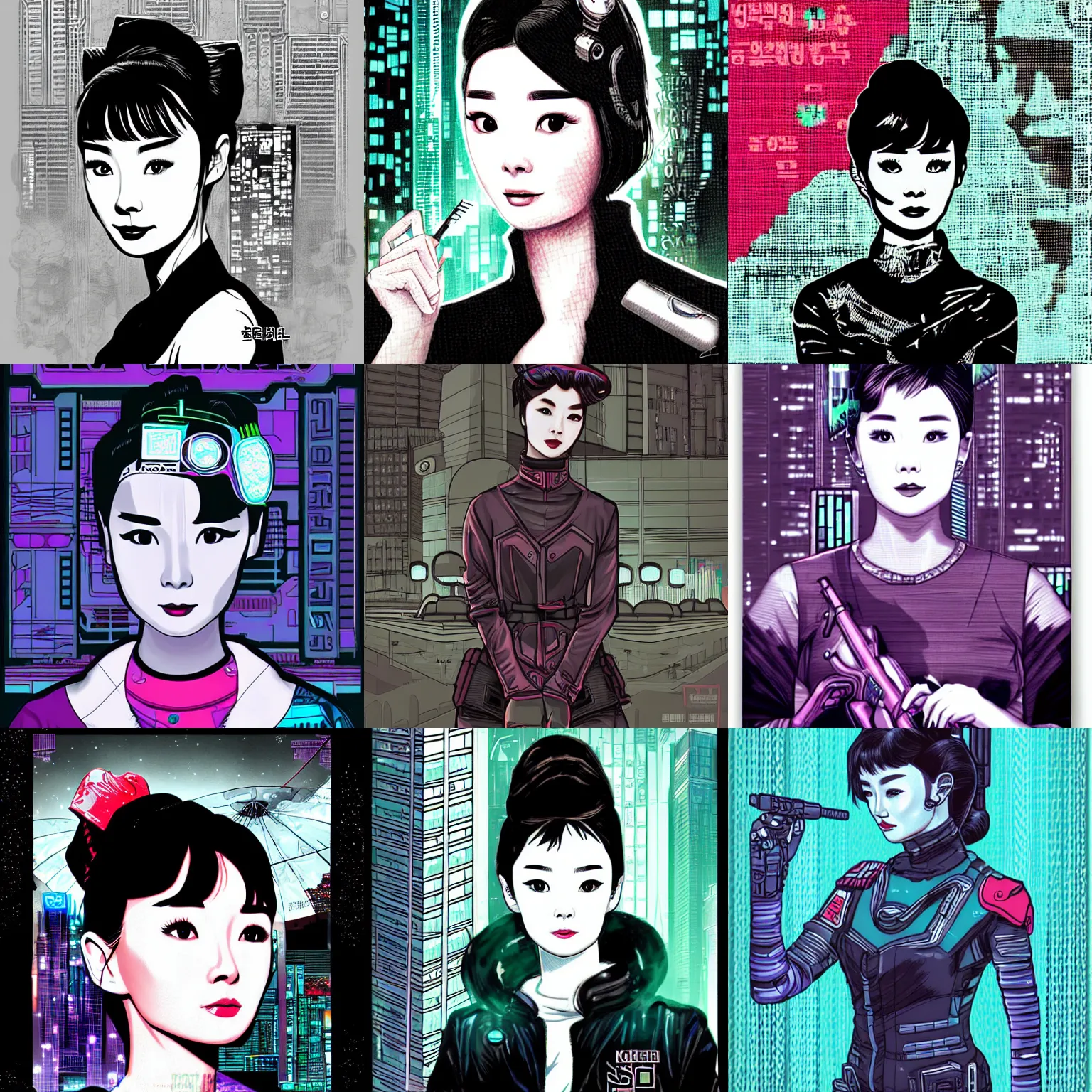 Prompt: korean audrey hepburn, detailed cyberpunk gaia portrait by tim doyle