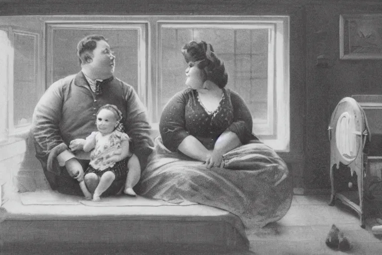 Image similar to charming and chubby parents and their very fat baby girl, wearing a polka dot cloths and a victorian - style hairdo, sits in the large and bright studio. sunlight enters through the barred window. modern etching style. beautiful lighting, 4 k post - processing, highly detailed, 5 k extremely detailed, 3 d. cinematic scene.