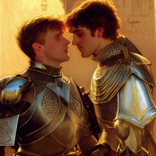 Image similar to attractive arthur pendragon and his attractive male knight, they are in love, natural lighting, path traced, highly detailed, high quality, digital painting, by gaston bussiere, craig mullins, alphonse mucha j. c. leyendecker