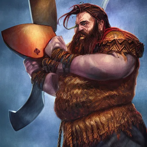Prompt: a fantasy comic book style portrait painting of a dwarf berserker swinging axes, fighting monsters, octane render, hyperreal, 8 k