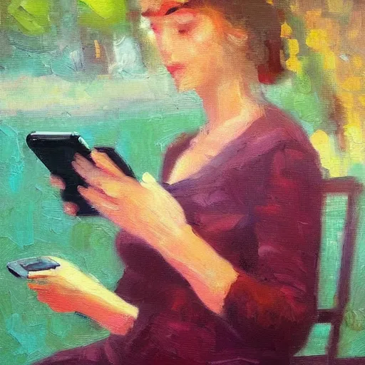 Image similar to a modern impressionist painting of a woman with a smartphone, oil on canvas, trending on artstation