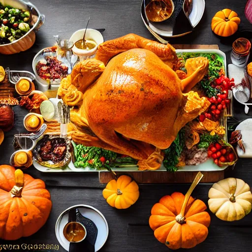 Prompt: delicious thanksgiving feast, food photography, award winning, highly detailed, high quality, high resolution