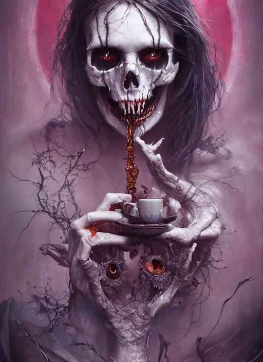 Image similar to Alice drinking tea,death tarot card,highly detailed,half skull face,cinematic,8k,by Stanley Artgermm,Tom Bagshaw,Greg Rutkowski,Carne Griffiths, Ayami Kojima, Beksinski, Giger,trending on DeviantArt,hyper detailed,horror, full of colour