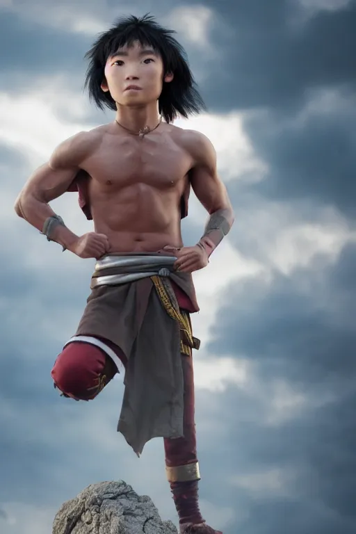 Prompt: close up still shot of young zuko from the live action movie avatar the last airbender standing on the diving board, 3 5 mm, highly detailed, dynamic lighting